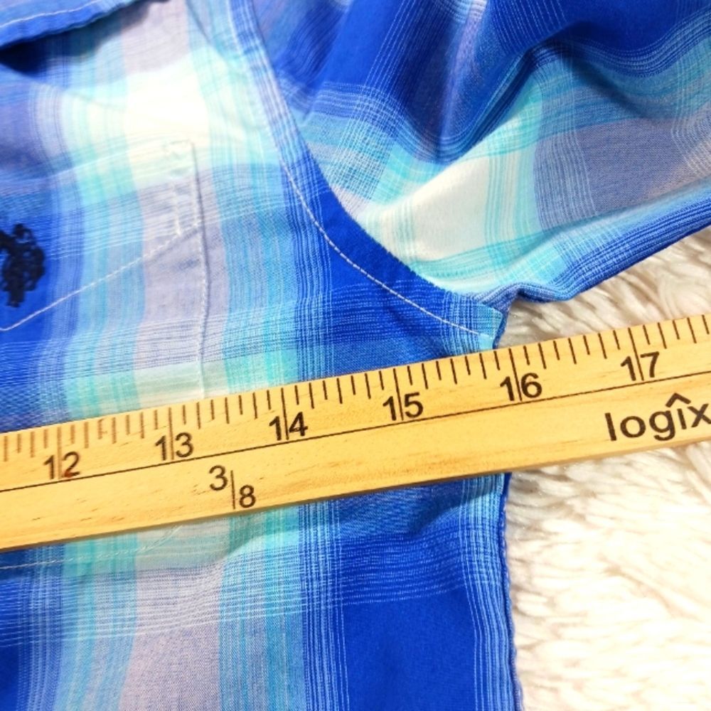 U.S. Polo Assn. Blue Plaid Button Down Shirt Front Pocket Logo Boys 8.......... - Picture 9 of 10